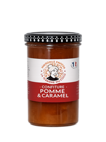 Apfel-Karamell-Konfitüre im Glas mit Etikett von La Fruitière de Colpo